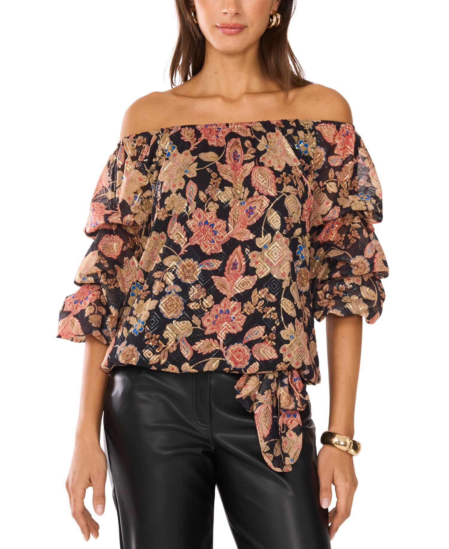 Women's Floral Off-The-Shoulder Bubble 3/4-Sleeve Tie-Front Blouse