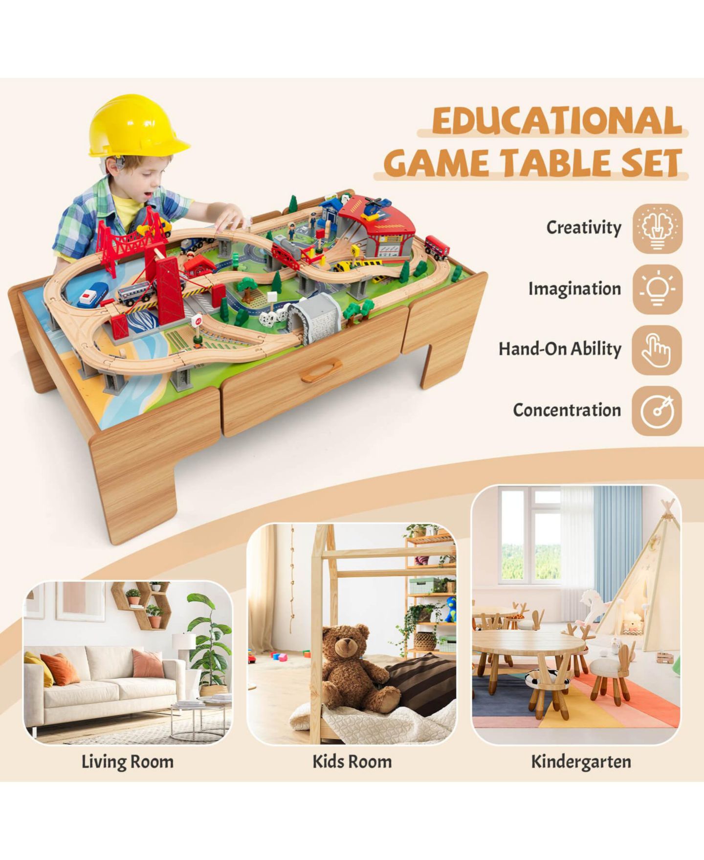 Детский игровой набор Slickblue 100-Piece Battery-Powered Double-Sided Wooden Train Table Playset, цвет: Натуральный — фото 6