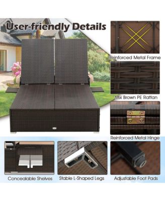 2-person Rattan Lounge Bed with Retractable Canopy 5-position Adjustable Backrest