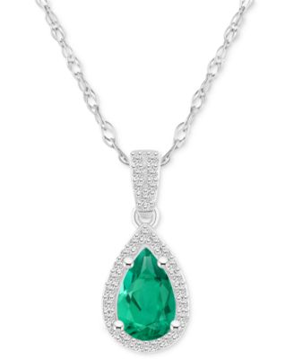 Macy's - Lab-Created Emerald (3/4 ct. t.w.) & Lab-Created White Sapphire (1/6 ct. t.w.) Pear Halo 18" Pendant Necklace in 10k Gold