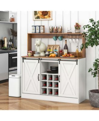 47.5" Farmhouse Coffee Bar Cabinet with Charging Station Glass Cup Holders Hutch