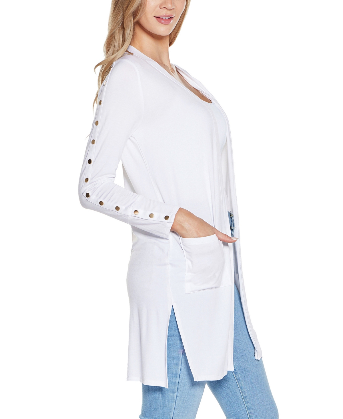 Shop Belldini Women's Embellished Sleeve Knit Open Cardigan Top In White