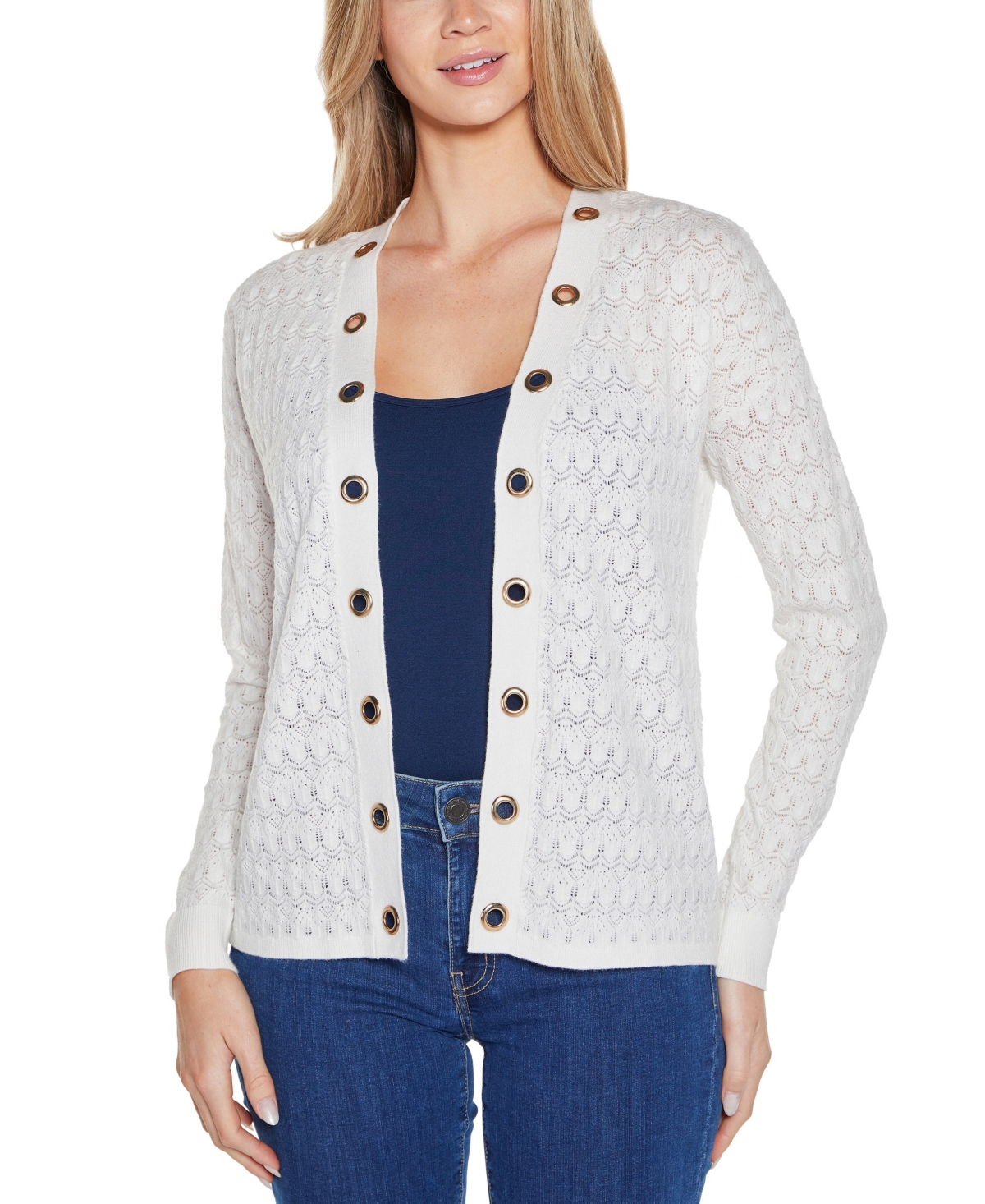 Shop Belldini Women's Pointelle And Grommet Open Cardigan Sweater In Ivory Multi