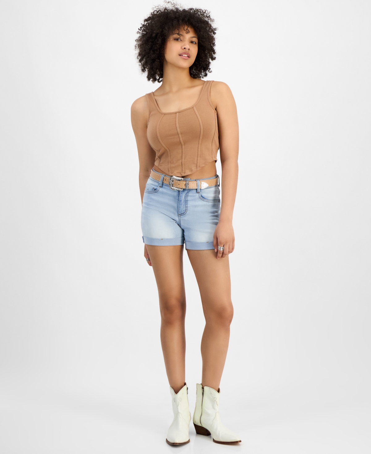 Juniors' Belted High-Rise Cuffed Shorts - Bahia