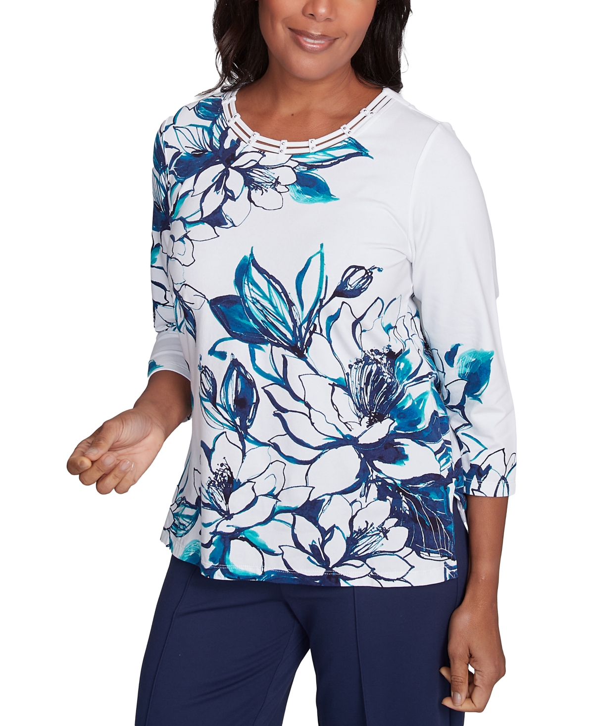 Alfred Dunner Petite Floral 3/4-sleeve Crewneck Top In Marinmu