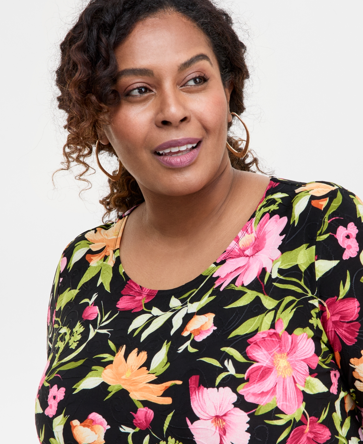 JM COLLECTION PLUS SIZE PRINTED 3/4-SLEEVE TOP, EXCLUSIVELY AT MACY'S 