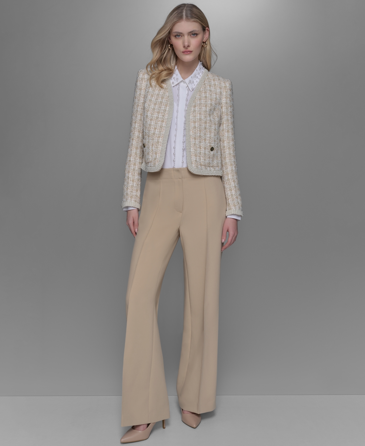 Karl Lagerfeld Women's Cropped Tweed Open-front Jacket In Buff Metallic