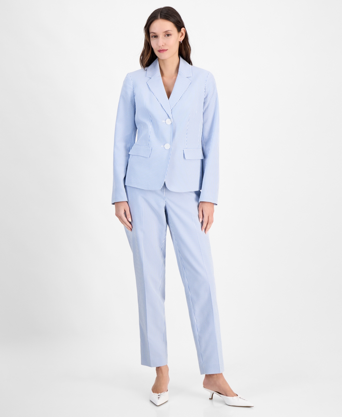 Le Suit Women's Seersucker Two-button Notch-collar & Mid-rise Slim Pants In White,pale Blue