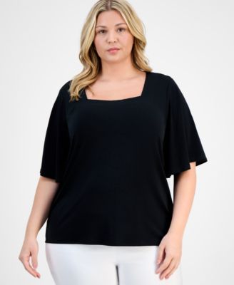 JM Collection - Plus Size Square-Neck Flutter-Sleeve Top