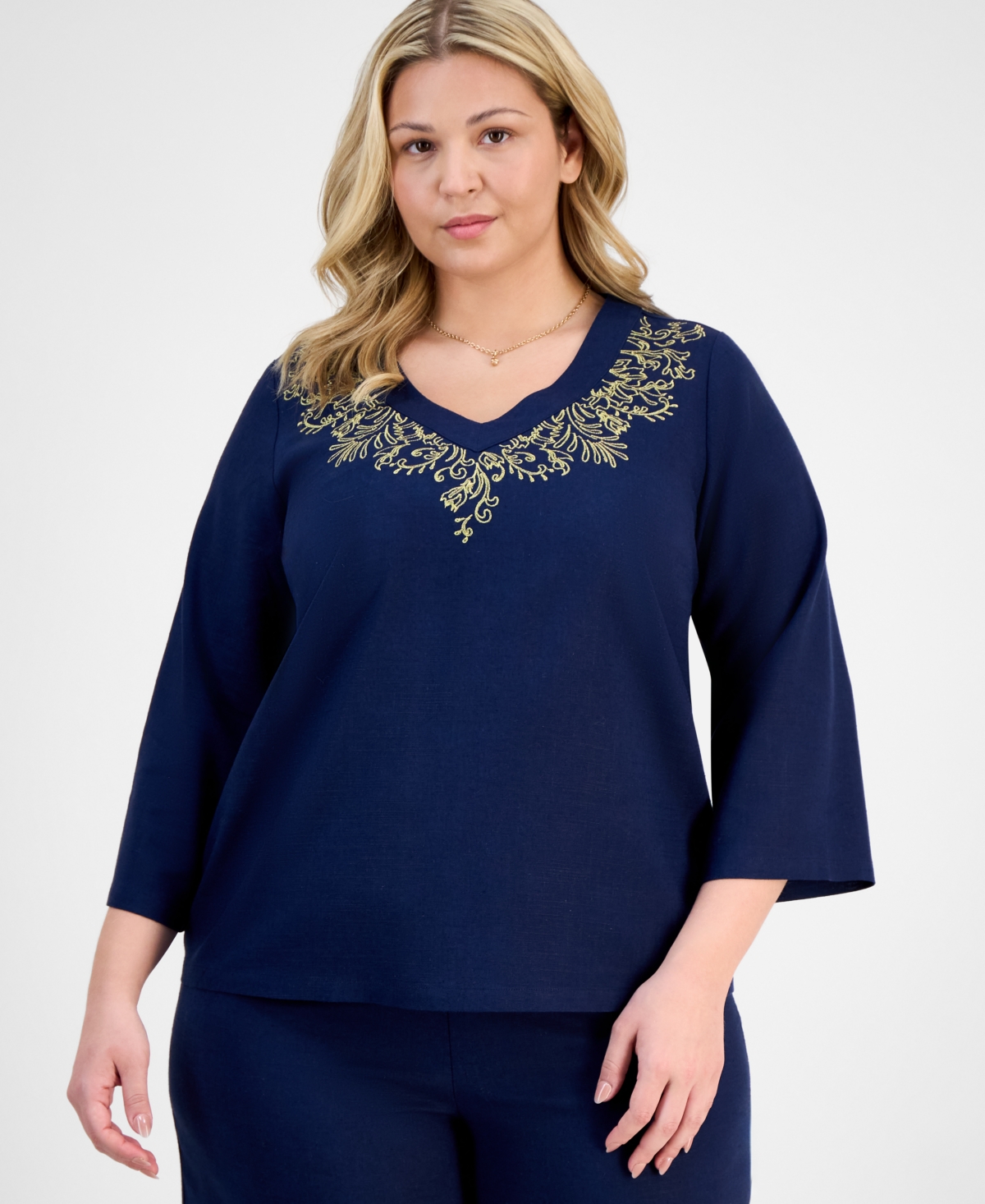 Plus Size Metallic Embroidered V-Neck Top, Exclusively at Macy's - Intrepid Blue