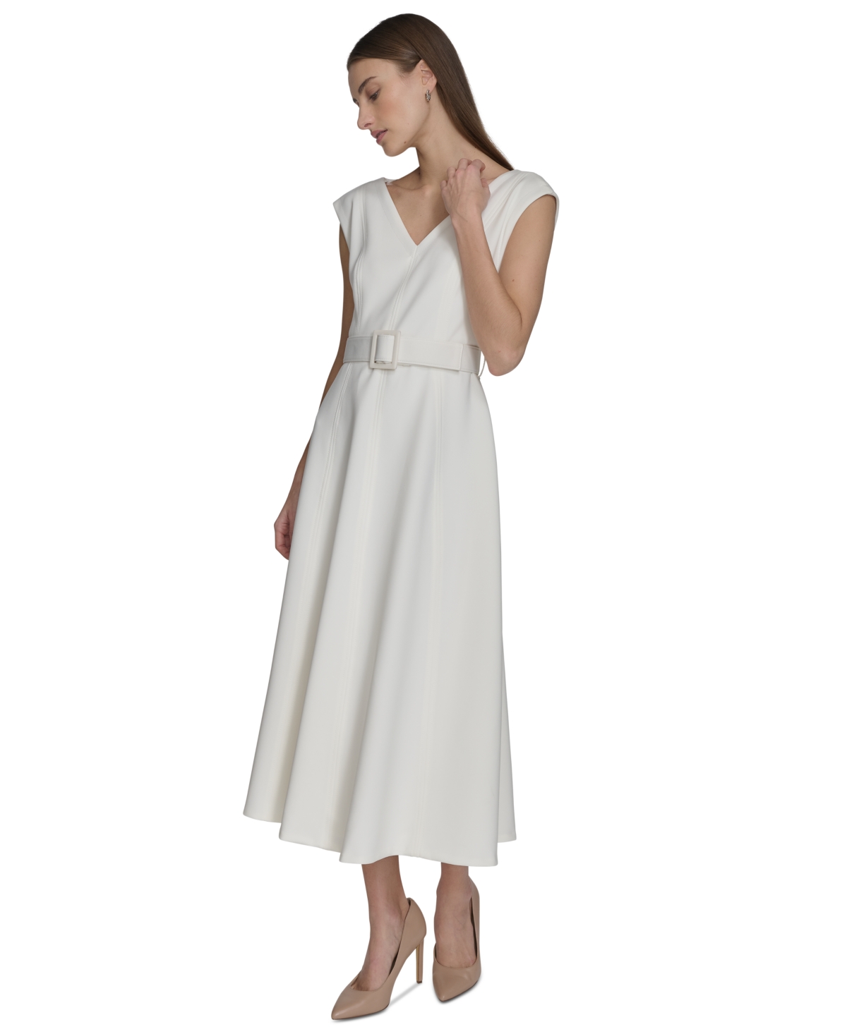 Calvin Klein Women's V-neck Belted A-line Scuba Dress In Cream