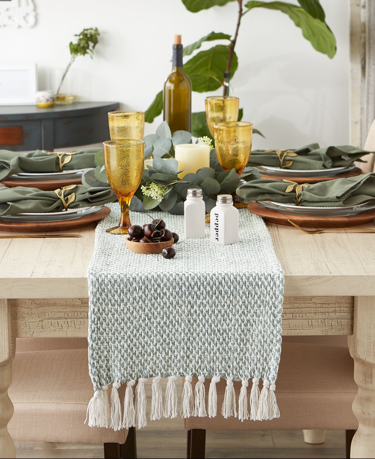 Design Imports Woven Jacquard Fringe Table Runner, 15" X 72" In Jadeite