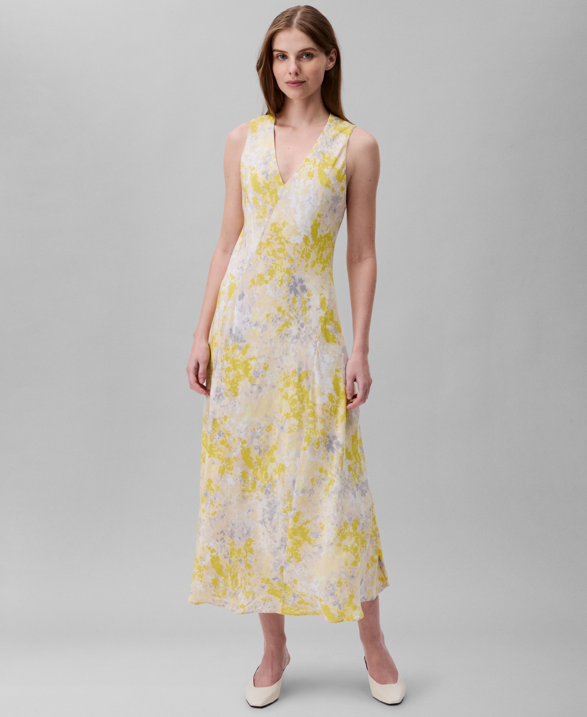 Shop Calvin Klein Women's Abstract-print V-neck Midi Dress In Formal Grey