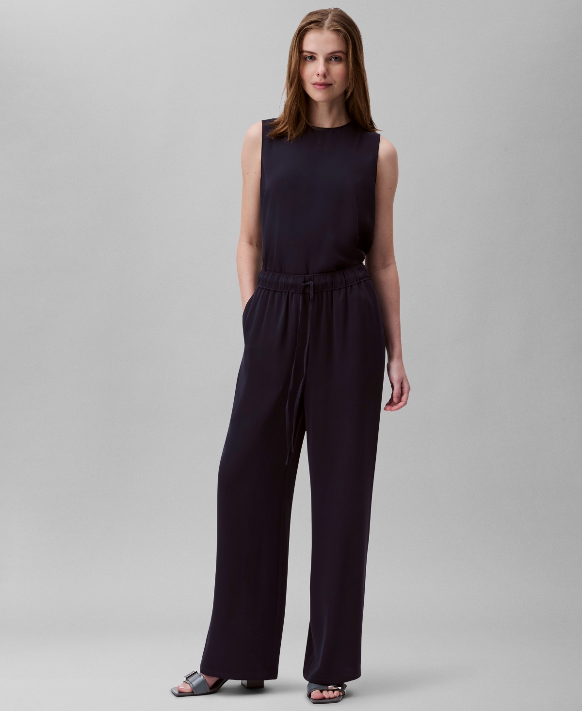 Shop Calvin Klein Women's Wide-leg Pull-on Pants In Baritone Blue