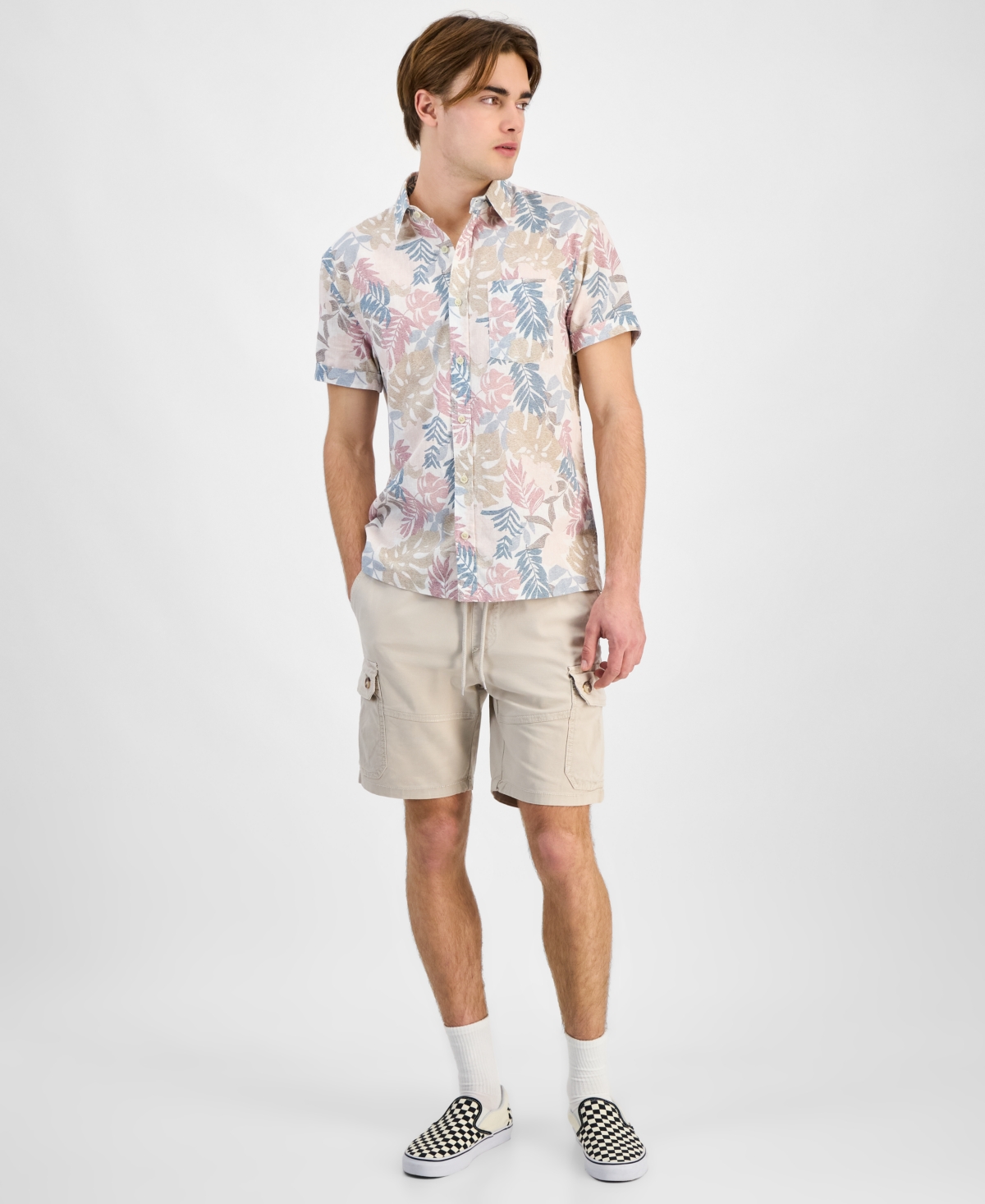 Shop Sun + Stone Men's Dan Regular-fit Leaf-print Linen Blend Button-down Shirt, Exclusively At Macy's In Vintage White