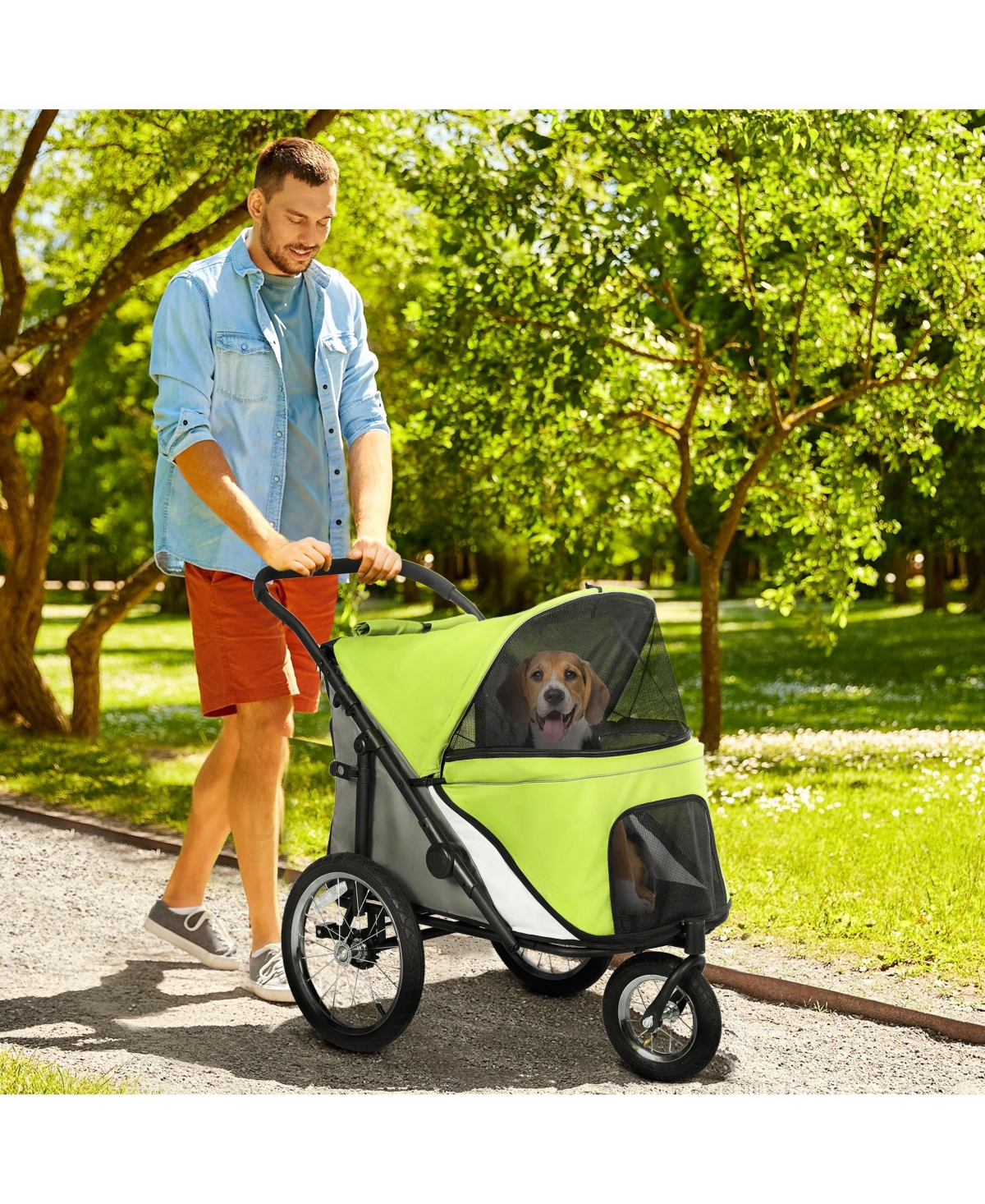 PawHut 3 Wheels Dog Stroller w/ One-Hand Fold, Rubber Wheels,