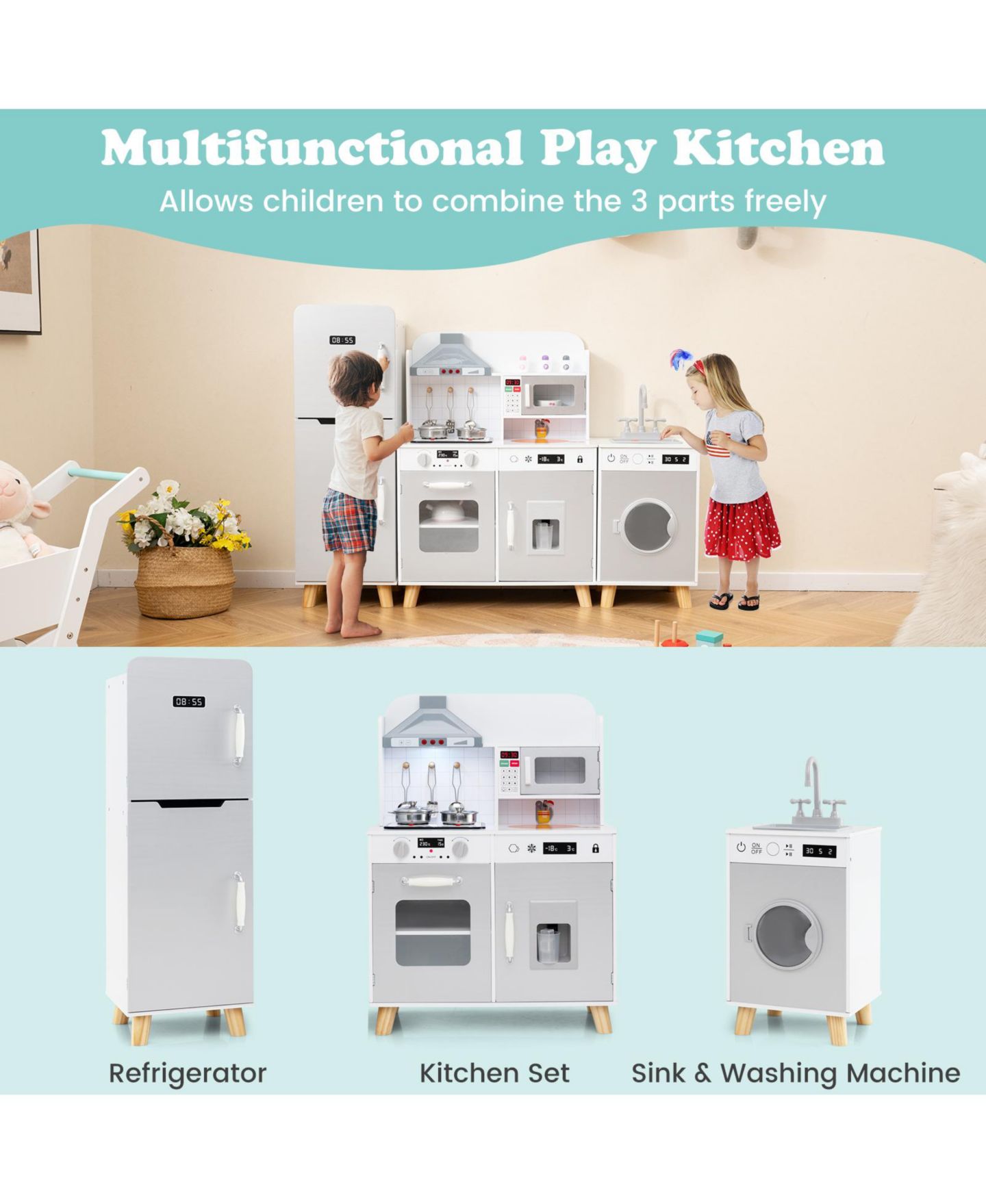 Детский игровой набор Slickblue 3-in-1 Interactive Kitchen Playset, от 3 лет, цвет: Белый / Серый — фото 7