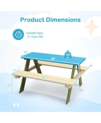 Kids Wooden Picnic Table Set Solid Dining Table with Built-in Benches for Patio