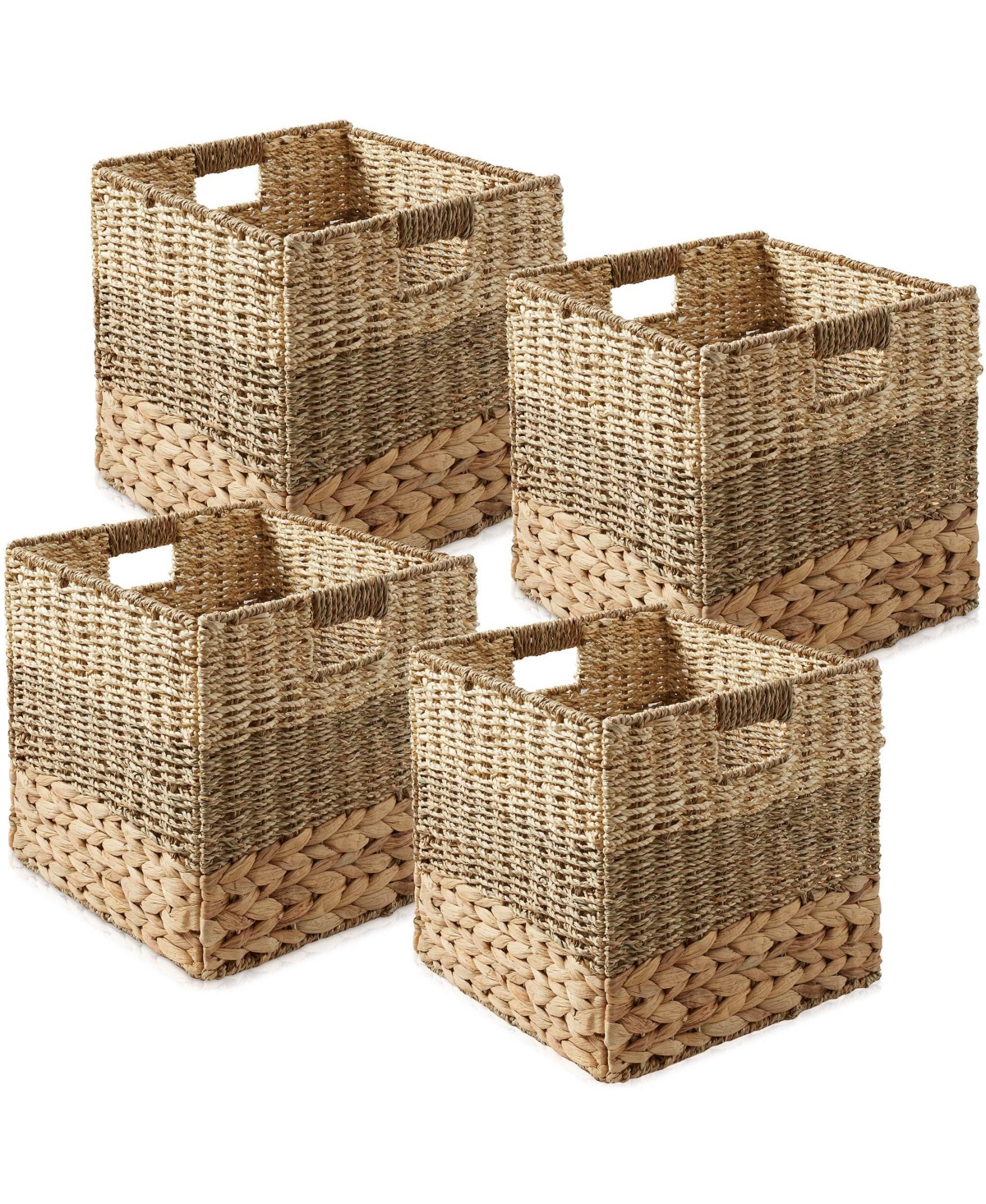 13&#x22; x 13&#x22; Mixed Weave Storage Baskets, Natural - Set of 4 Collapsible Cubes, Woven Bin Organizers for Bathroom, Bedroom, Laundry -