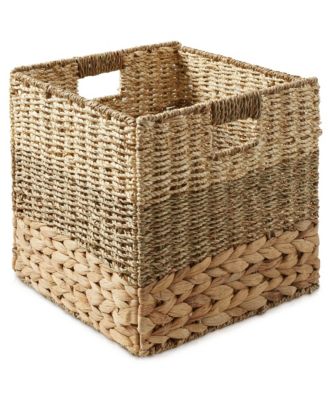 13" x 13" Mixed Weave Storage Baskets, Natural - Set of 2 Collapsible Cubes, Woven Bin Organizers for Bathroom, Bedroom, Laundry