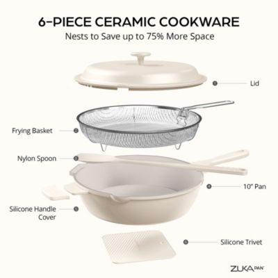 Zuka Everyday Pan 3.25 Qt. Ceramic 10 in 1 Nonstick Multi-Functional Saute Pan with Lid, Nylon Spoon, & Steamer Basket