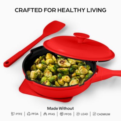 Zuka Everyday Pan 3.25 Qt. Ceramic 10 in 1 Nonstick Multi-Functional Saute Pan with Lid, Nylon Spoon, & Steamer Basket