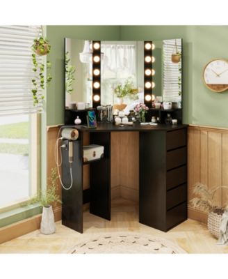 Corner Vanity Desk with 3-Color LED Lighted Mirror & Power Outlet Stylish Makeup Desk for Bedroom