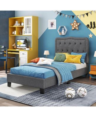 Twin Size Bed Frame with 46" Tall Button Tufted Headboard Wooden Slats Support