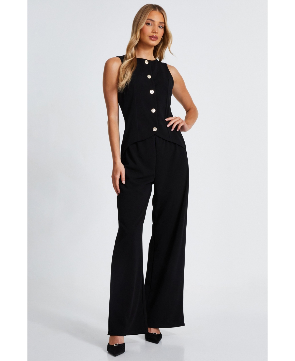 Women's 2 in 1 Scuba Crepe Waistcoat Jumpsuit - Black