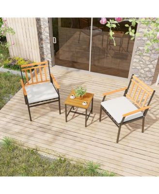 3 PCS Acacia Wood Bistro Set Patio Conversation Set w/ Cushions and Coffee Table