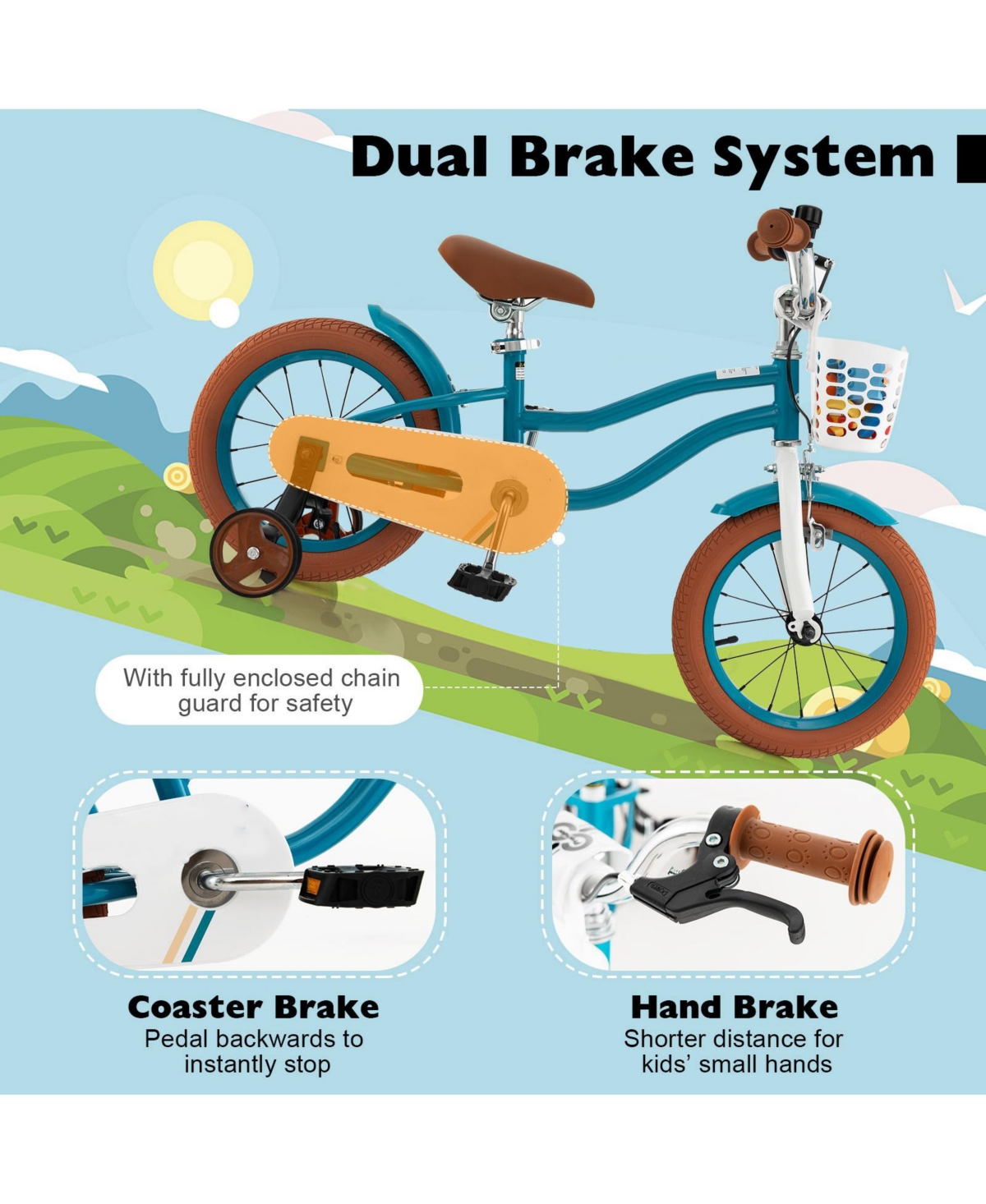 Kids Bike with Front Handbrake 2 Training Wheels