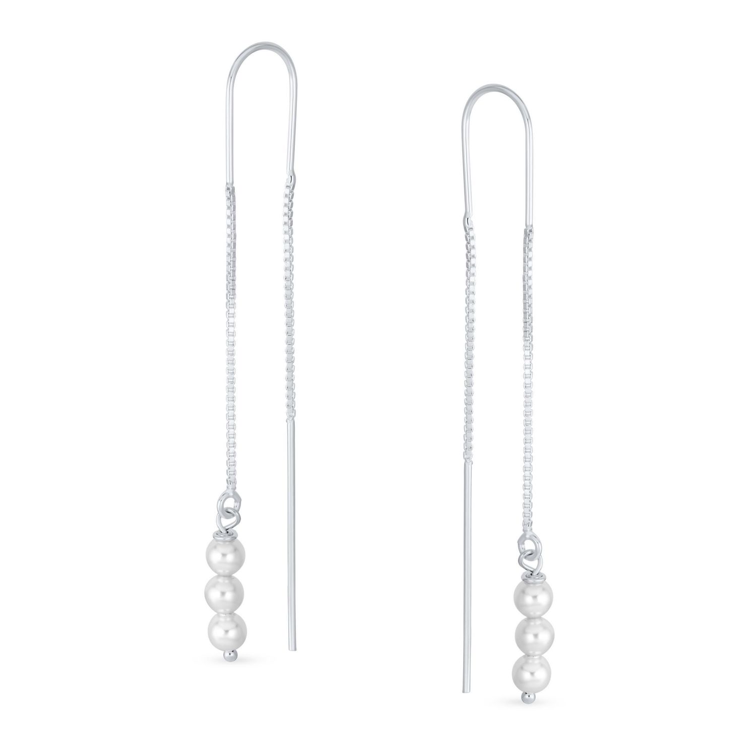 Minimalist Pearl Beads Threader Earrings Sterling Silver Stabilizing U Hook