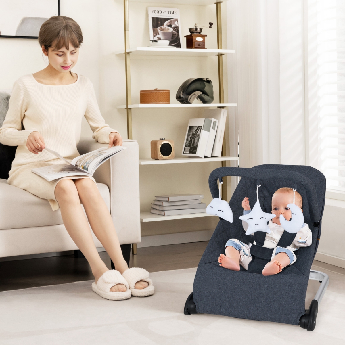 Slickblue Kids Portable Bouncer Chair with Removable Cover and Interactive Toy Bar