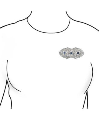 Art Deco Brooch Pin with Blue CZ Cubic Zirconia Rhodium Plated