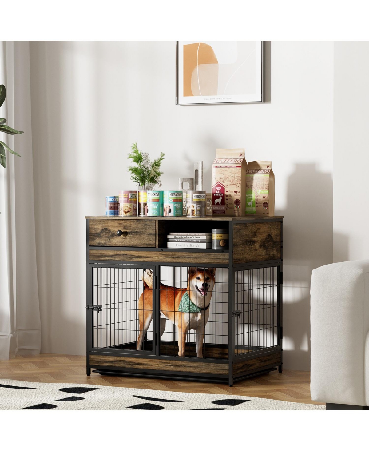 Furniture Dog Cage Crate with Double Doors Rustic Brown - Brown wood top and black frame