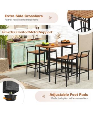 5 Piece Acacia Wood Bar Table Set Bar Height Table and Chairs with Metal Frame and Footrest