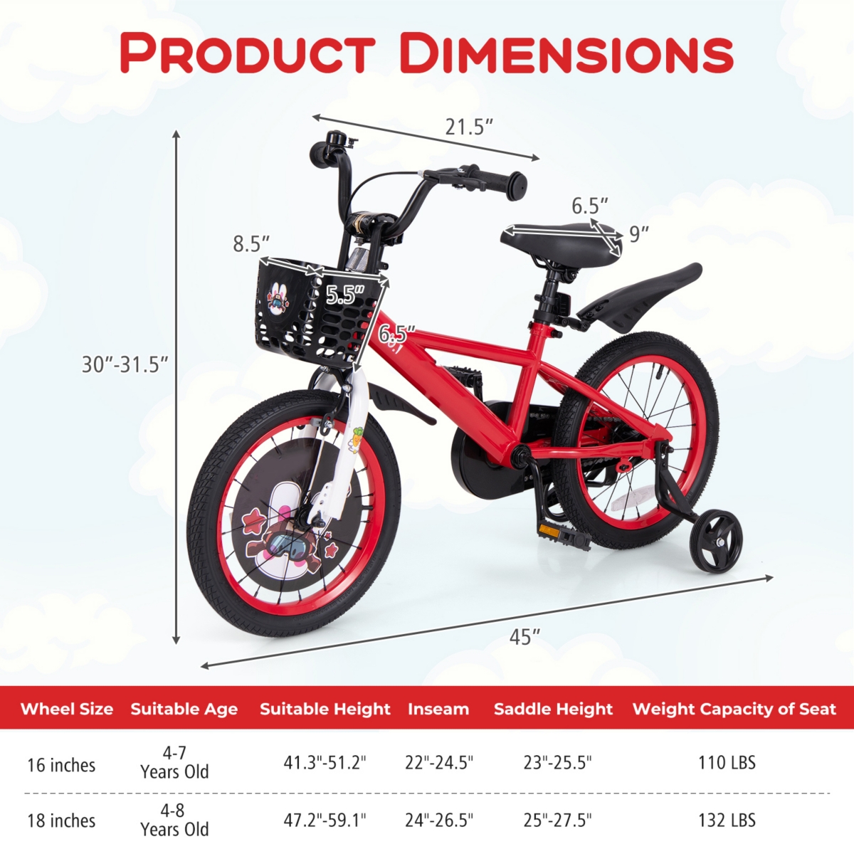 Kids Bike Adjustable with Storage Basket Double Brake for 3-4 Years Old