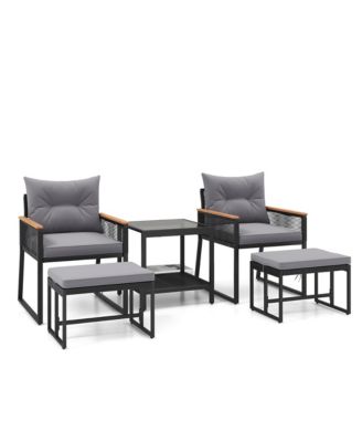 5 Piece Patio Conversation Set PE Rattan Wicker Chairs w/ 2 Ottomans Soft Cushions