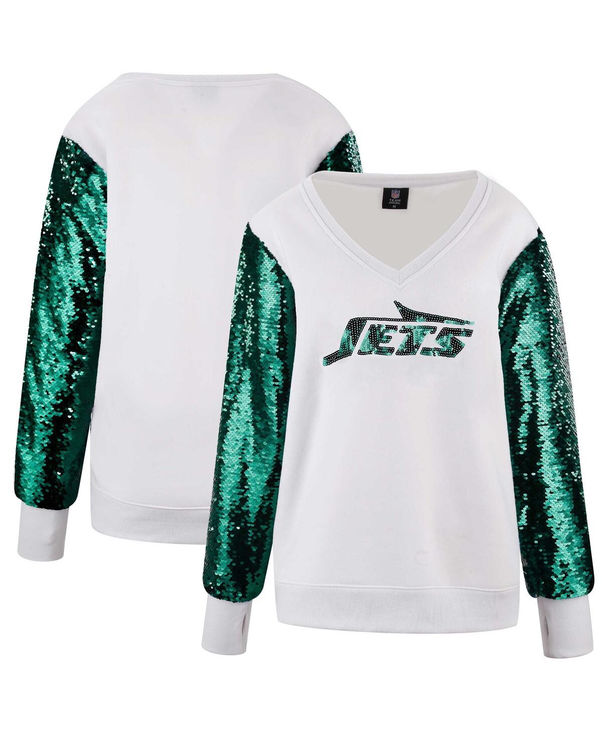 Women's White/Green New York Jets Sequin Sleeve V-Neck Pullover Sweatshirt - White, Green