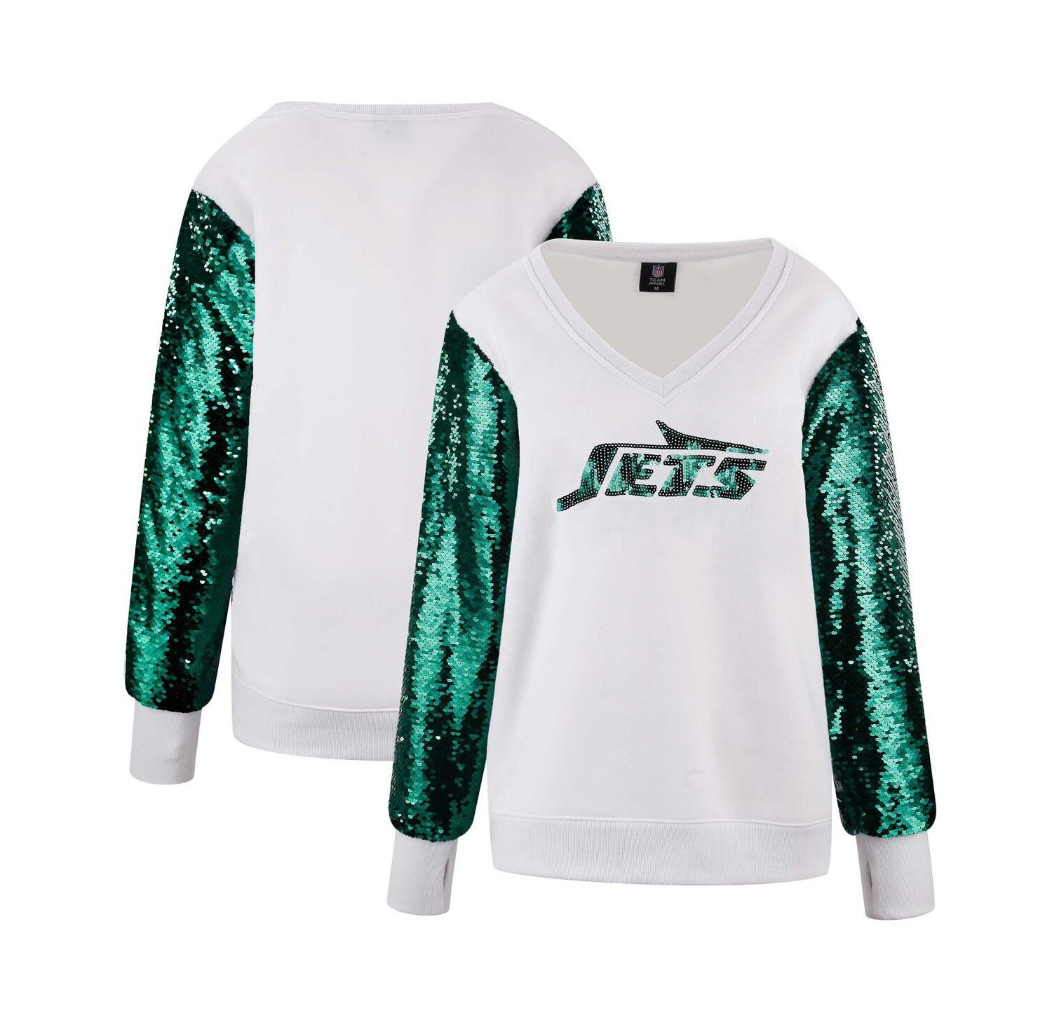 Women's White/Green New York Jets Sequin Sleeve V-Neck Pullover Sweatshirt