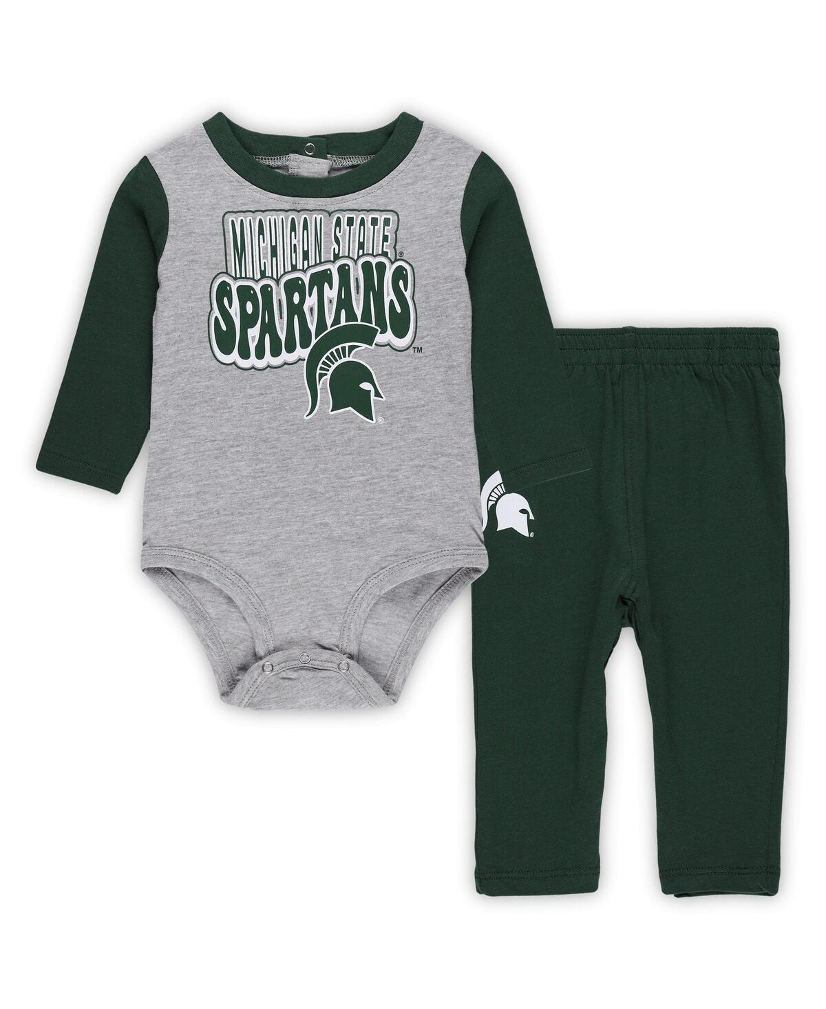 Outerstuff Baby Boys And Girls Michigan State Spartans Double Up Long Sleeve Bodysuit Pant Set, 2-piece In Heather Gray,green
