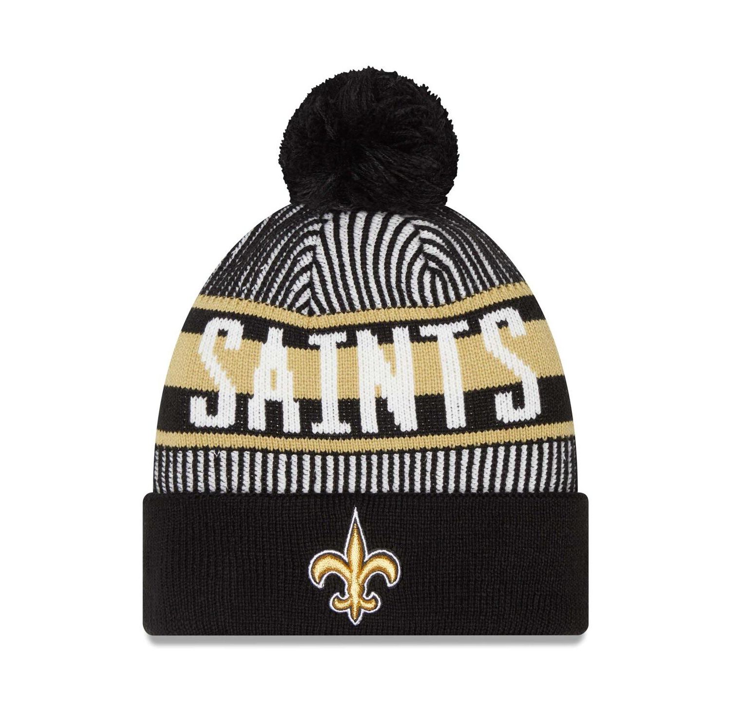 Men's Black New Orleans Saints Striped Cuffed with Pom Knit Hat