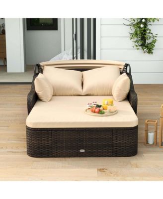 Patio PE Rattan Daybed with Retractable Canopy Soft Cushions and Extra Pillows