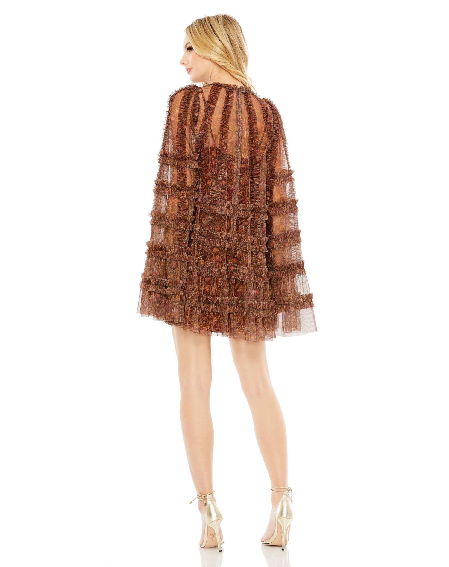 Women's Floral Print Long Flare Sleeve Mesh A-Line Dress
