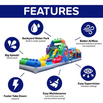 HeroKiddo 42' Block Party Inflatable Obstacle Course Water Slide Combo with Air Blower, Commercial Grade, 100% PVC Vinyl, Kids Outdoor Play, Summer Fun,