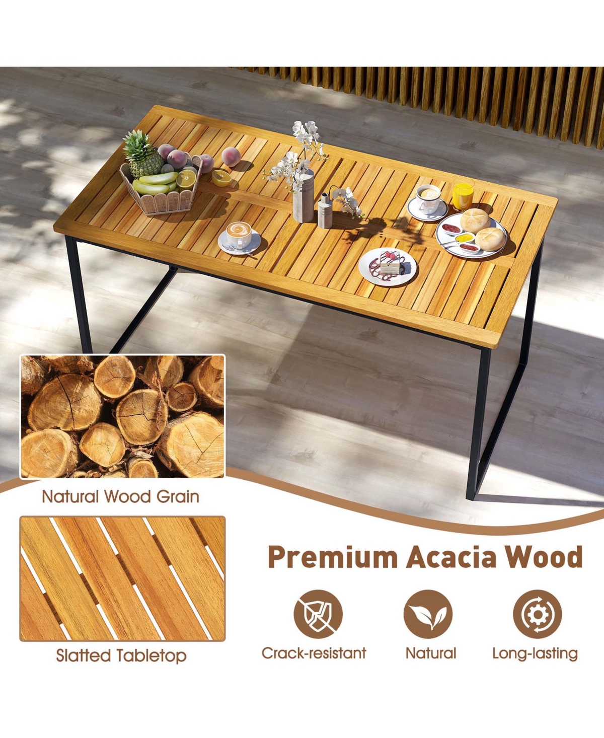 Acacia Wood Dining Table for 6 People 55" Rectangle Patio Table with Umbrella Hole