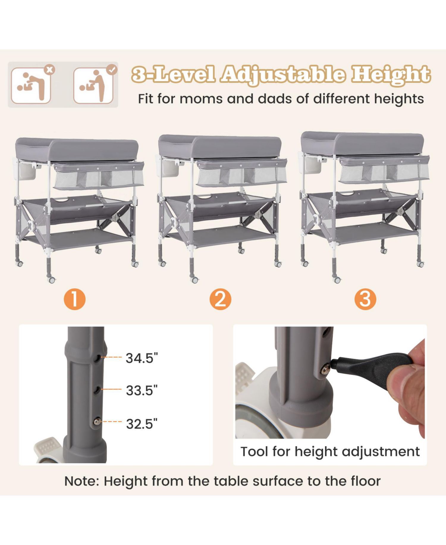 Portable Baby Changing Table with Wheels and Large Storage Rack Convenient and Mobile for Nursery Organization