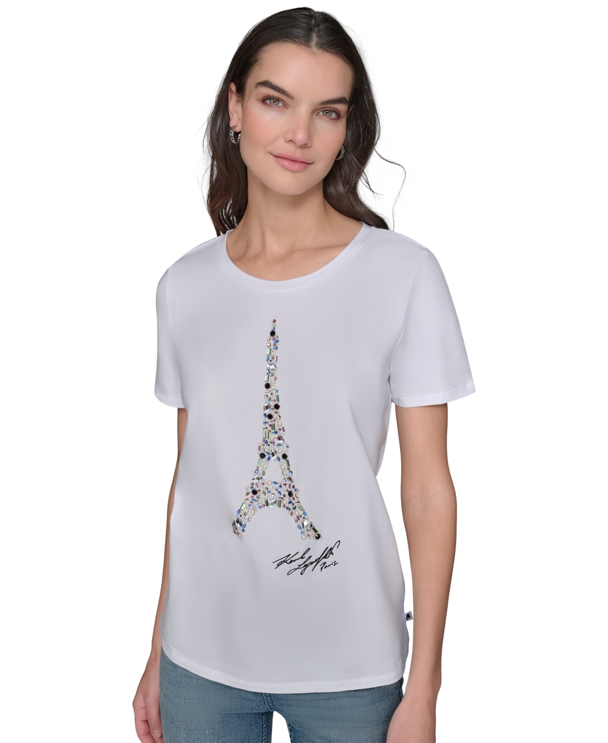 Shop Karl Lagerfeld Women's Jewel Eiffel Crewneck T-shirt In White