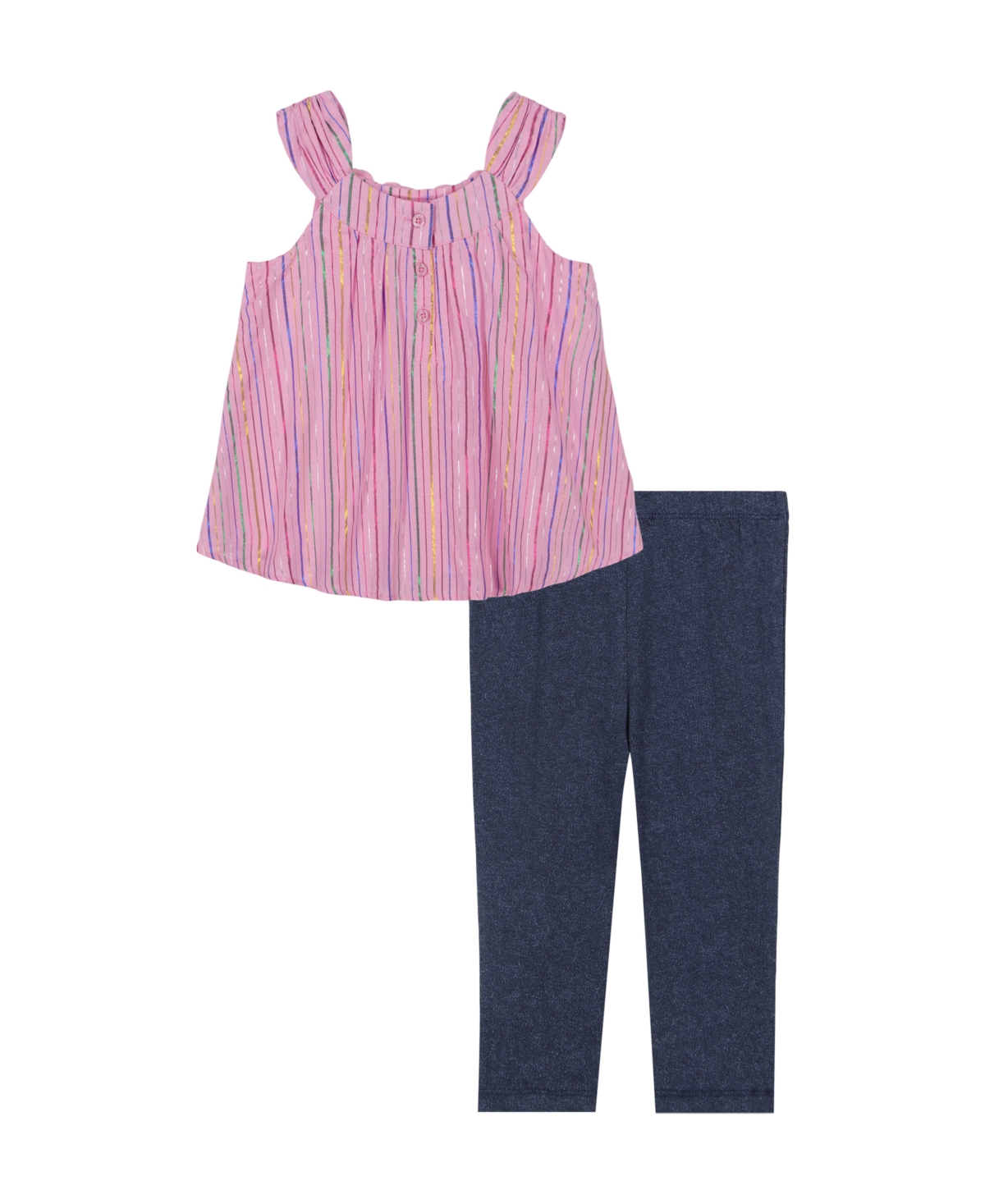 Shop Kids Headquarters 2-piece Toddler And Little Girls Lurex Stripe Swing Top And Capri Jegging Set In Pink Stripe,denim