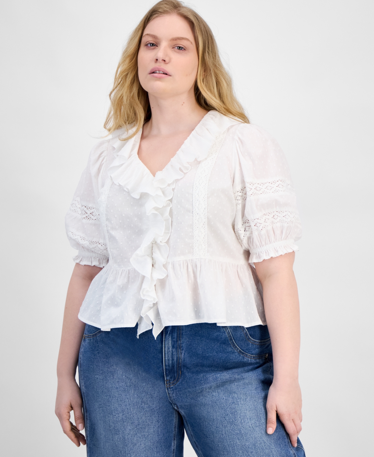 AND NOW THIS TRENDY PLUS SIZE COTTON RUFFLED SWISS-DOT BLOUSE, EXCLUSIVELY AT MACY'S 